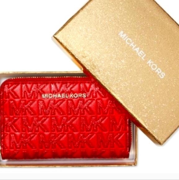 Michael Kors Jet Set Small Zip Around Card Case Wallet - Crimson Red - Picture 1 of 6